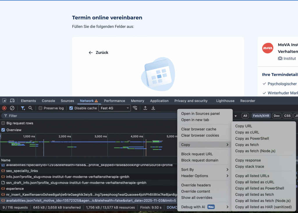 Chrome DevTools im Network-Tab. An dieser Stelle kann man die im Hintergrund abgerufenen Ressourcen, wie die Availability.json abrufen, die man für den Kurzbefehl extrahieren muss.