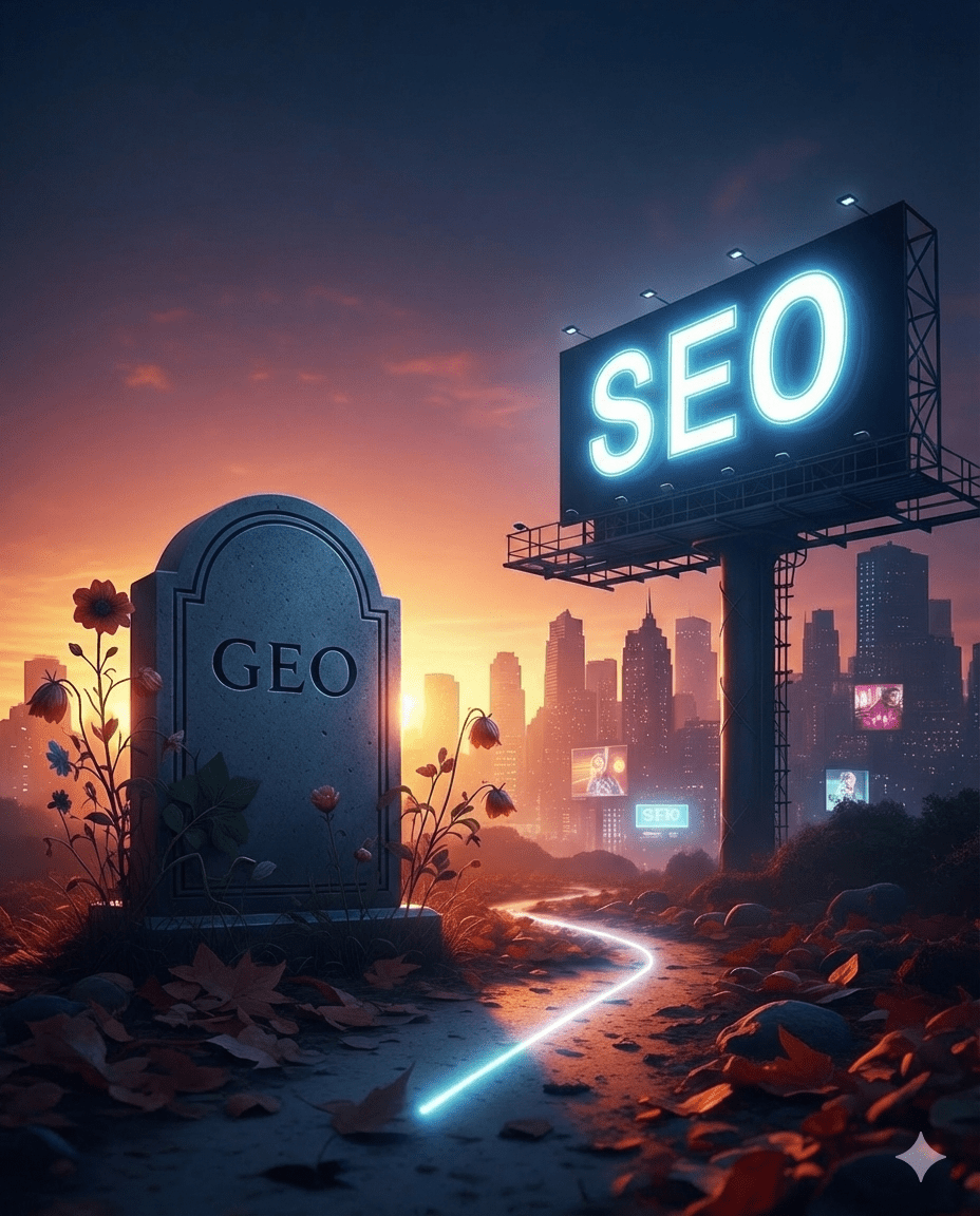 Ein Grabstein mit der Inschrift "GEO" und daneben eine Leuchtschild mit "SEO"